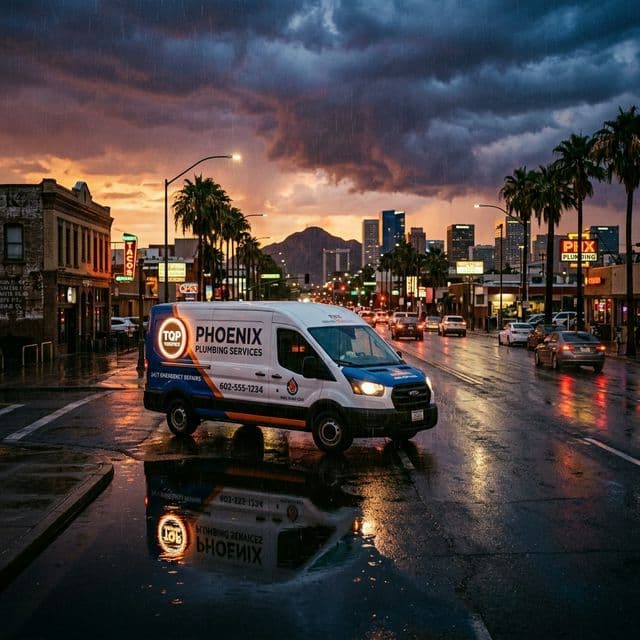 The Monsoon Response: A professional plumbing van reflected in a rain-slicked Phoenix street at dusk.
