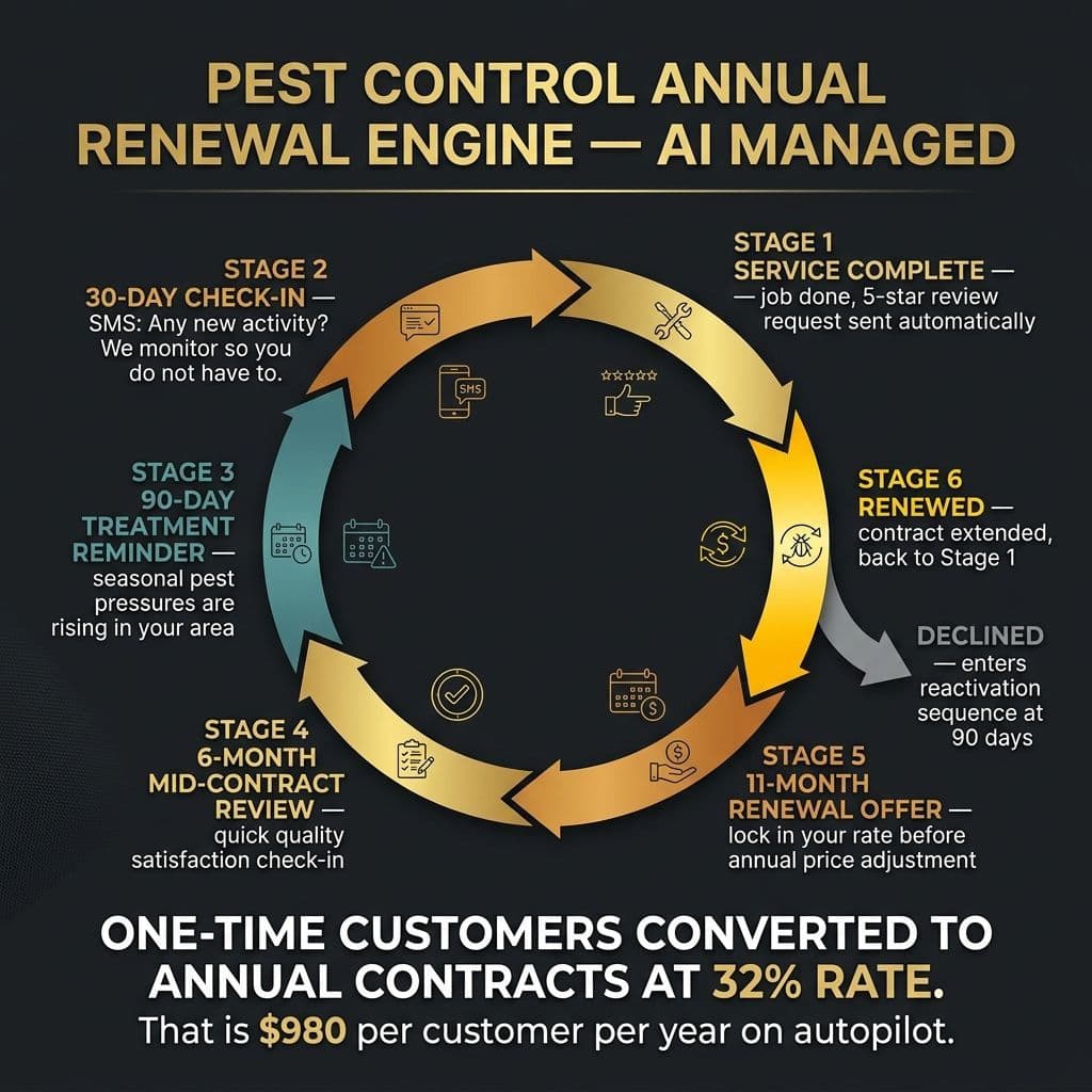 Pest Control Annual Renewal Engine — 6-stage circular flow: Service Complete → 30-Day Check-In → 90-Day Treatment Reminder → 6-Month Review → 11-Month Renewal Offer → Renewed. One-time customers converted to annual contracts at 32% rate = $980 per year on autopilot.
