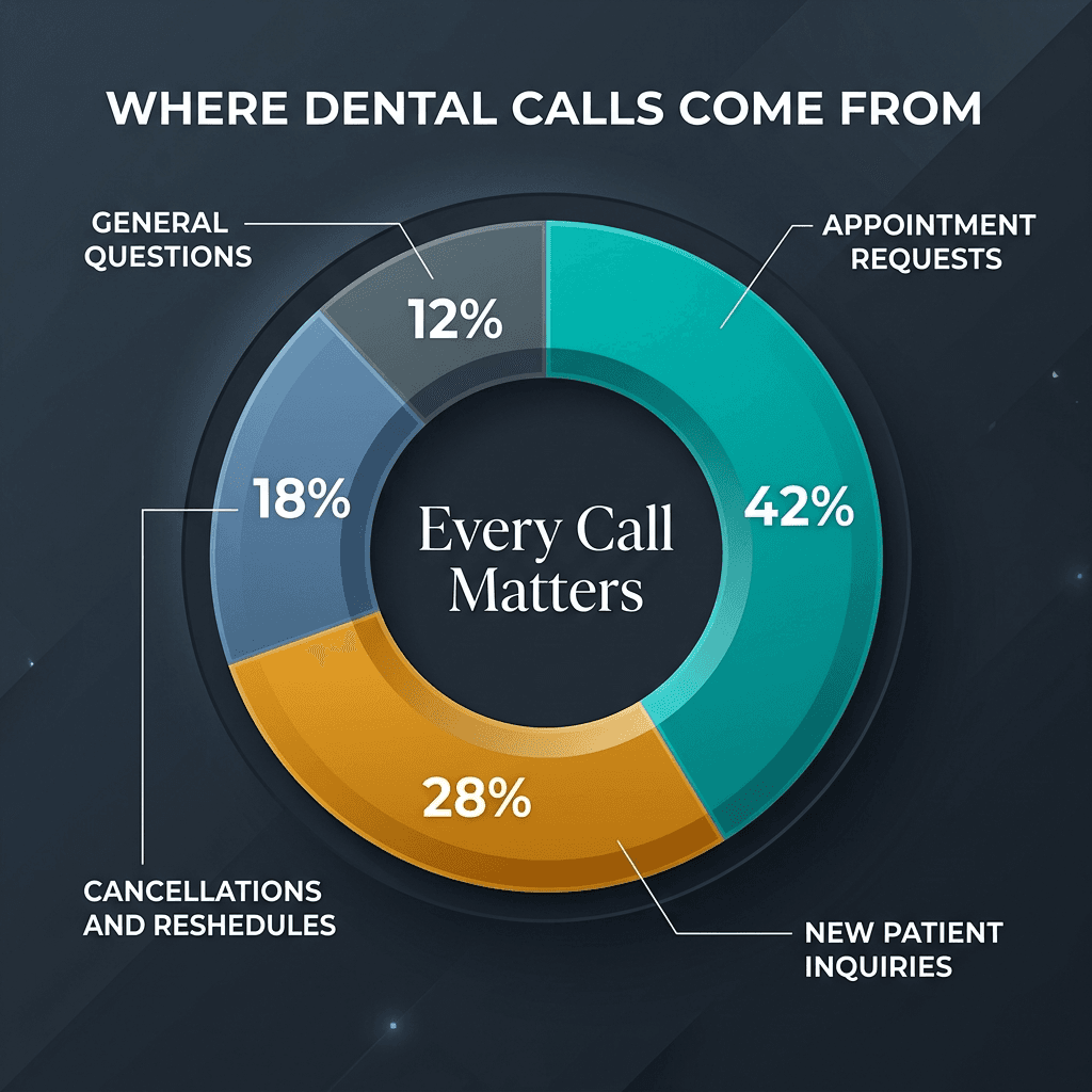 Dental practice call volume breakdown: appointment requests, new patient inquiries, cancellations, and general questions