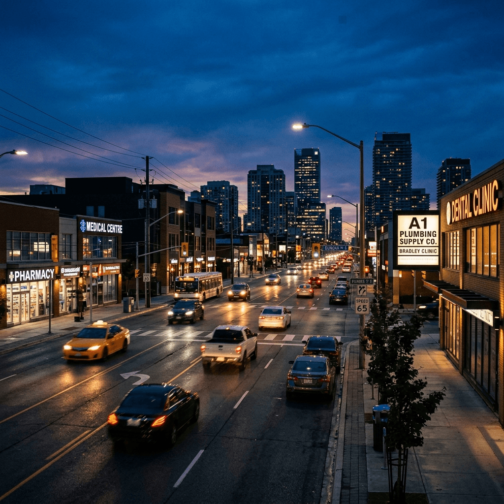 Mississauga and Brampton commercial corridor at dusk — Dental Clinic, Plumbing Supply, Medical Centre storefronts lit against deep blue sky, representing the density of Peel Region service businesses