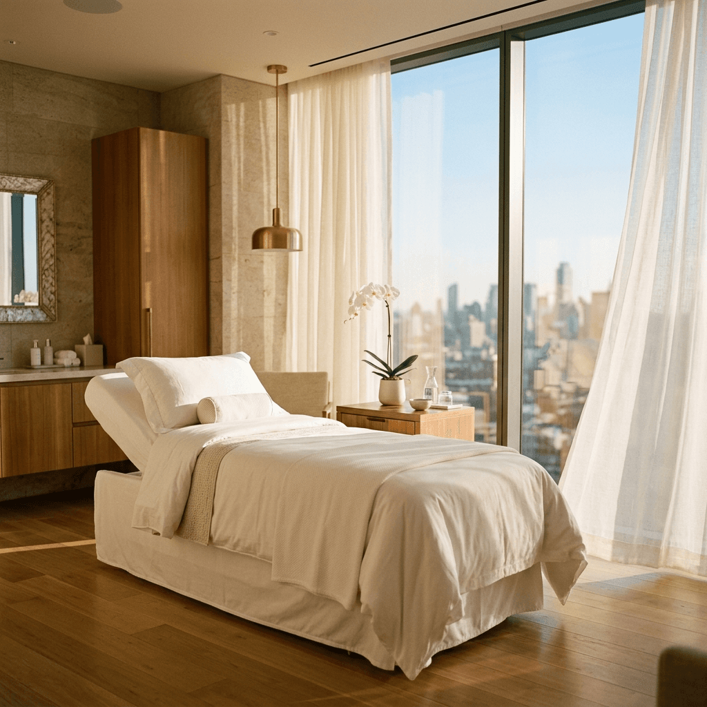 Empty luxury medical spa treatment room in golden summer afternoon light, pristine white treatment bed, sheer curtains, orchid on side table, city skyline visible through floor-to-ceiling windows — the appointment that was never filled