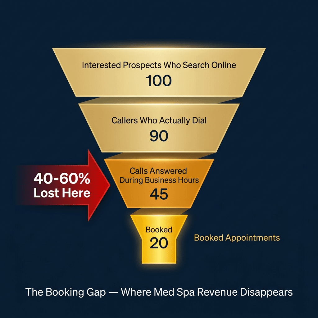 Revenue funnel diagram showing the med spa booking gap — 40 to 60 percent of callers lost between intent and answered call