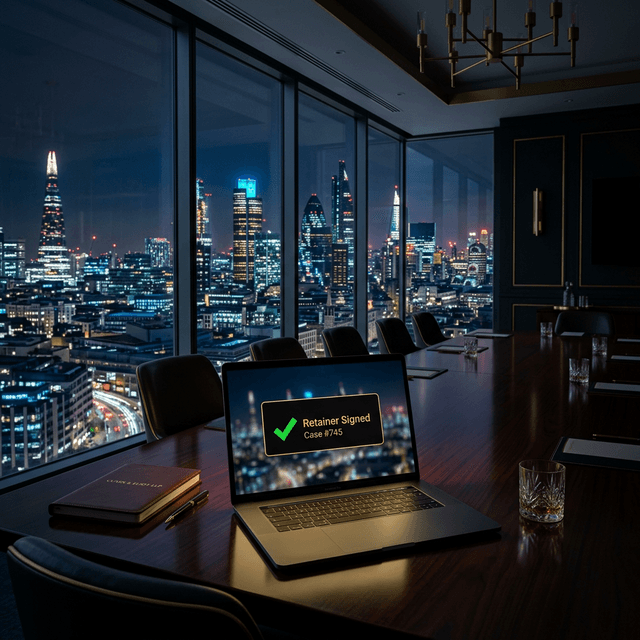 Cinematic law firm boardroom at night showing a signed retainer on a laptop screen