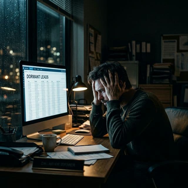 A cinematic, moody portrait of a person in a dimly lit office, overwhelmed by a massive list of dormant leads on a computer screen.