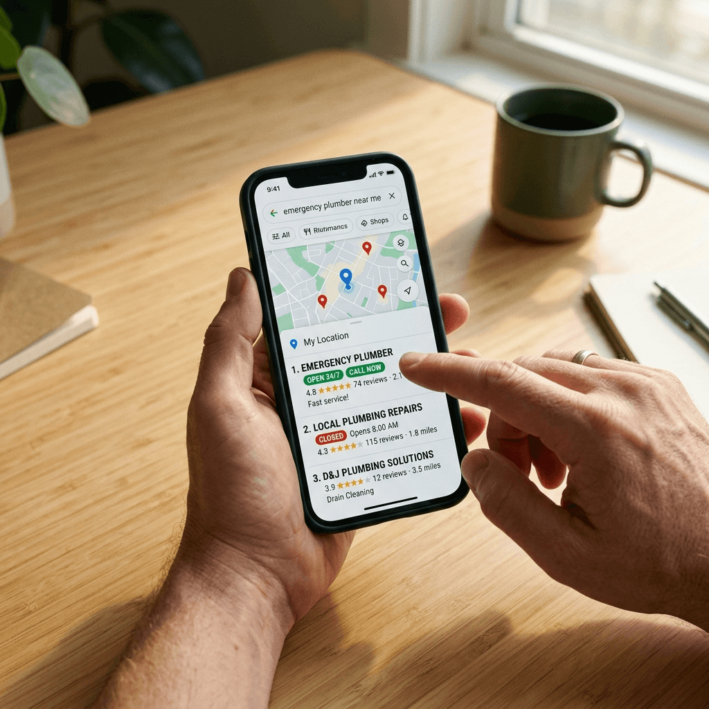 Hand holding smartphone showing Google Maps emergency plumber search results — the first open result with 74 reviews gets the job, the closed competitor loses it