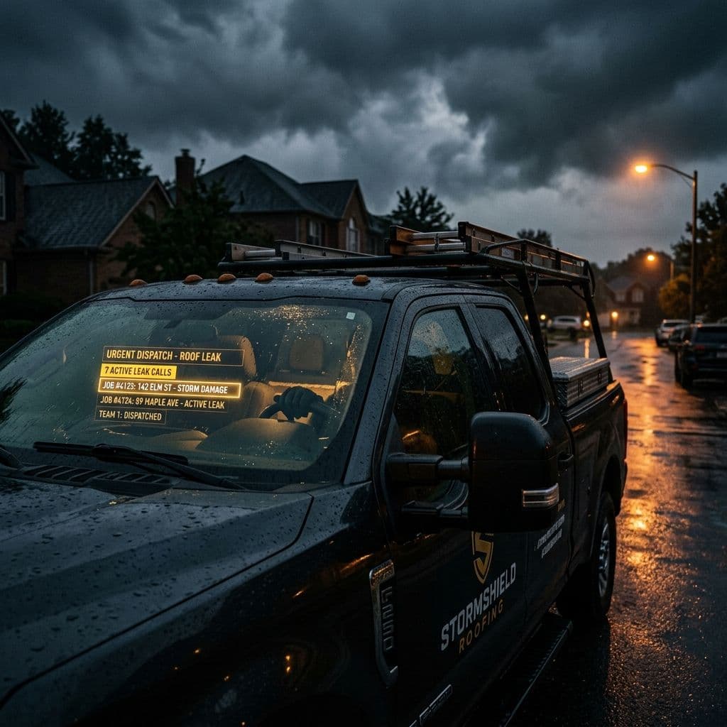 Roofing contractor truck on a rain-wet residential street after a storm with dispatch screen glowing in the cab