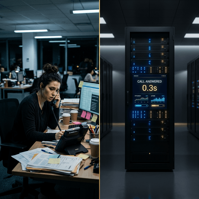 Split scene showing stressed human receptionist with ringing phones versus a sleek AI call system reading 0.3s response time
