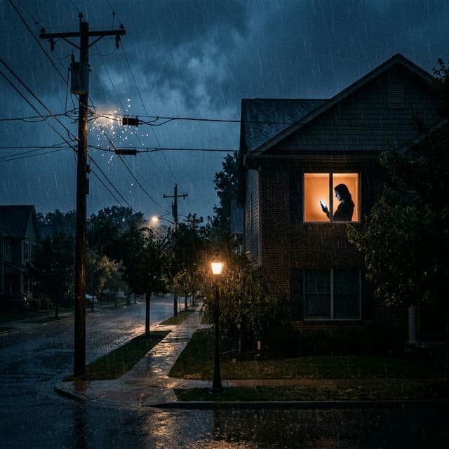 Cinematic shot of a suburban house during a 2 AM electrical emergency