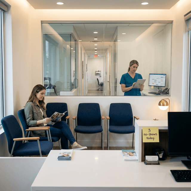 Dental practice waiting room with mostly empty chairs, a concerned dental assistant reviewing a tablet, and a sticky note on the front desk reading "3 no-shows today"