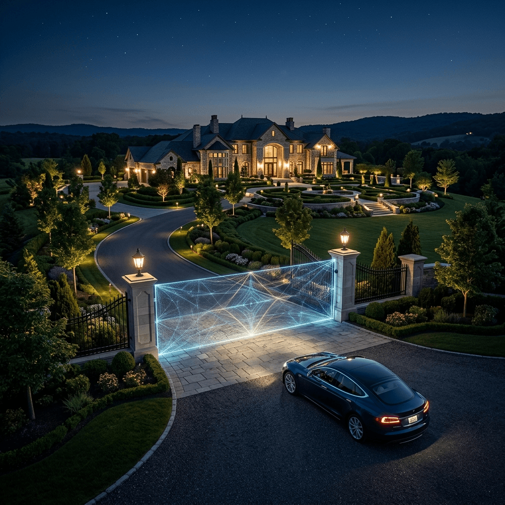 Cinematic wide shot of an elegant, almost invisible, glowing digital gate or forcefield protecting a pristine, hyper-luxurious manicured estate garden at night.
