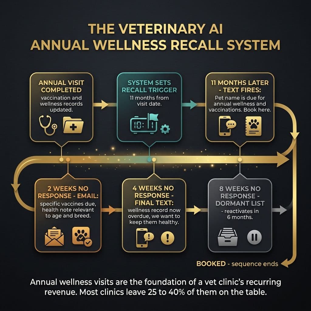 The Veterinary AI Annual Wellness Recall System - 6-step flow from annual visit to 8-week dormant with BOOKED exit at every stage