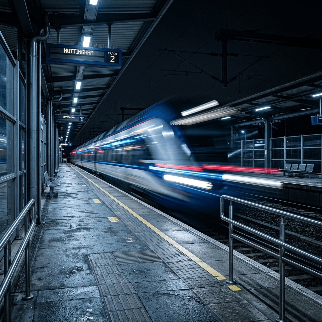 Cinematic close up of a digital high speed train blurred in motion passing a frozen station representing lightning fast automated outreach.