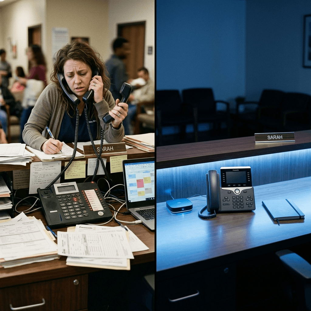Side-by-side comparison of stressed human receptionist managing multiple ringing lines left versus a calm empty AI-powered desk right