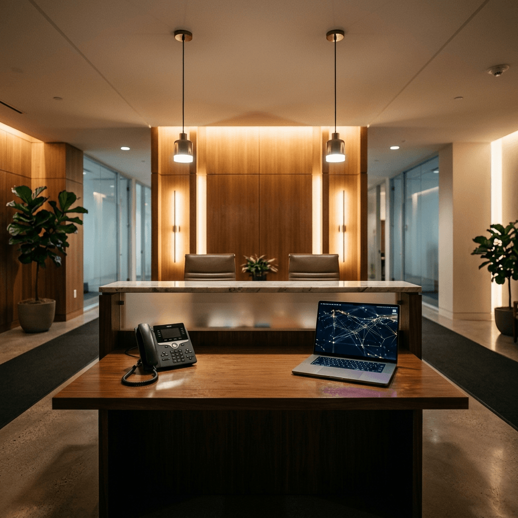 Split scene comparing a traditional answering service call center to an AI receptionist system for service businesses