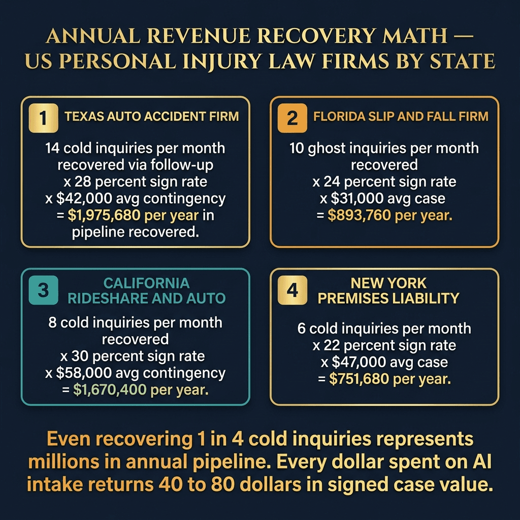 Premium dark US PI firm revenue recovery math showing scenarios for Texas, Florida, California, and New York