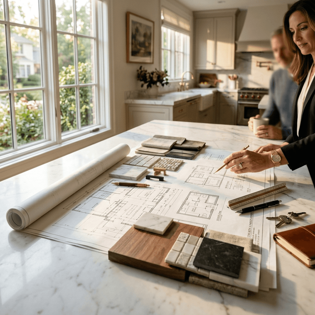 Cinematic visual of architectural blueprints and marble swatches representing a high-value kitchen design consultation.
