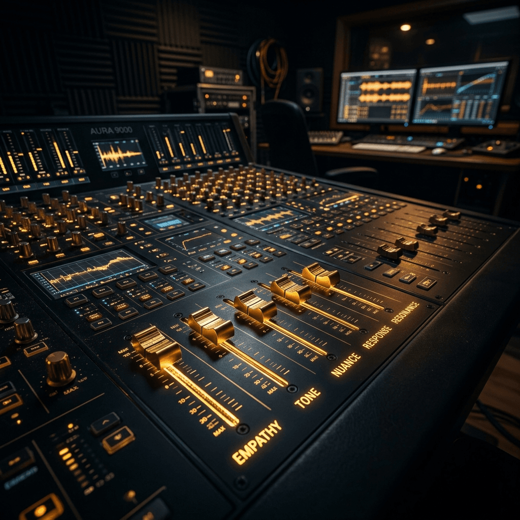 Abstract glowing digital soundboard representing the meticulous programming of tone and empathy in AI.