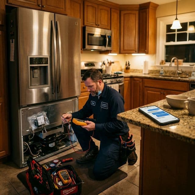 Appliance repair tech kneeling at an open refrigerator with diagnostic tools, a phone on the counter showing a pre-visit AI conversation that already captured the appliance model number and symptom before arrival.