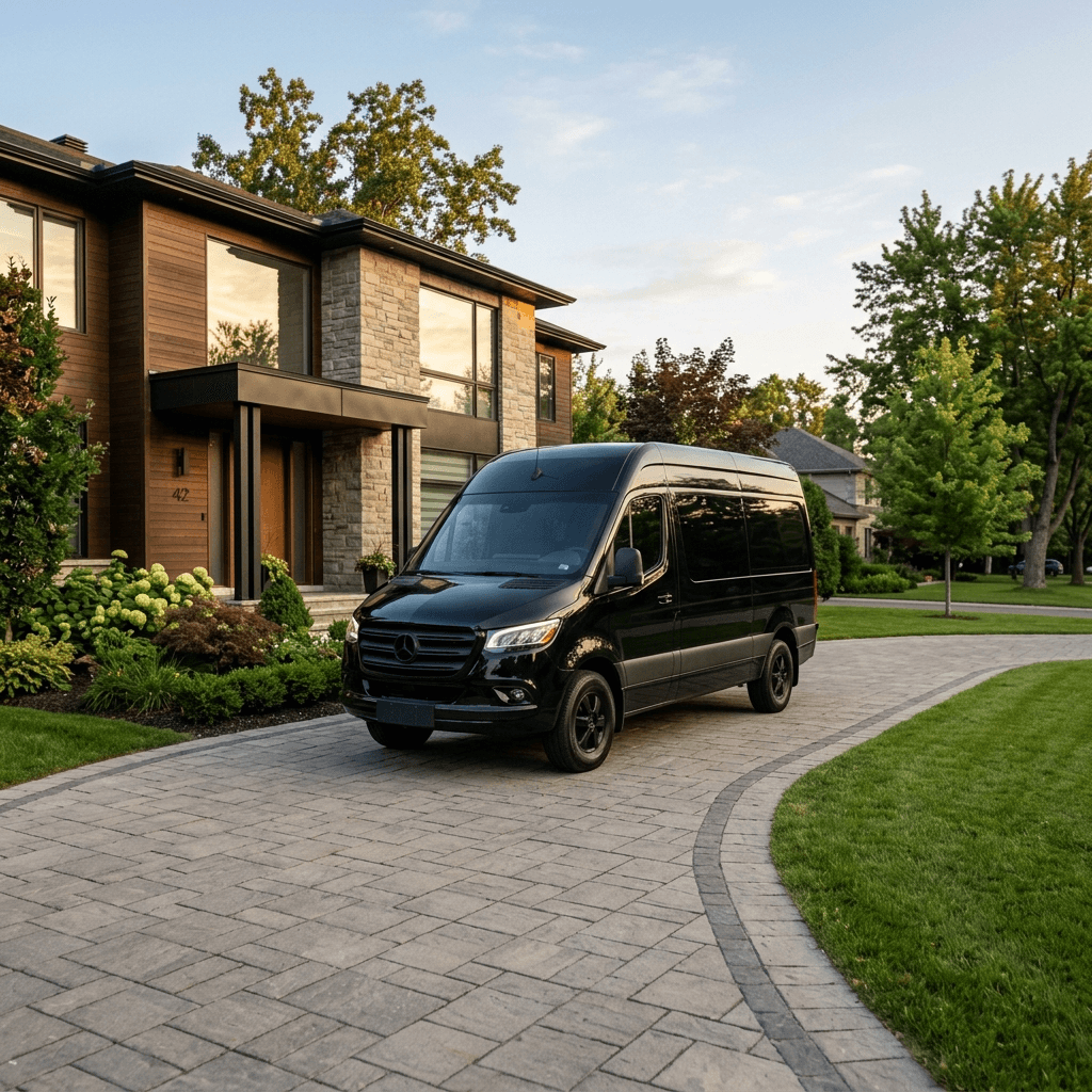 Cinematic photograph of a clean, premium, unmarked black service van arriving perfectly on-time at a modern suburban home.