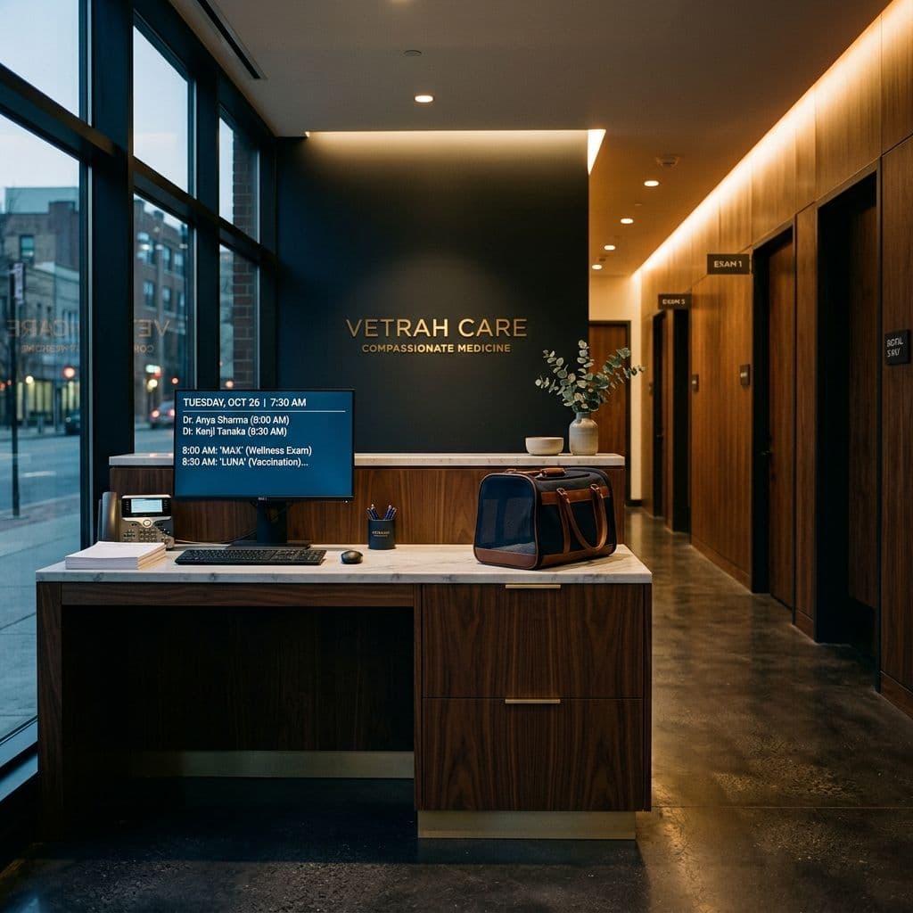 Modern veterinary clinic reception with schedule on monitor, exam room hallway, pet carrier on counter, warm morning light