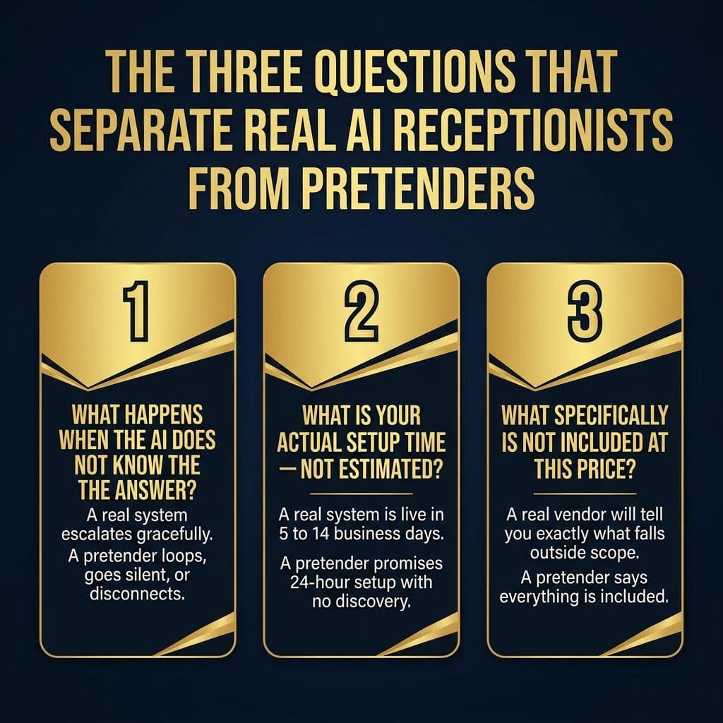 Three questions that separate real AI receptionists from pretenders — escalation handling, setup time, and scope definition