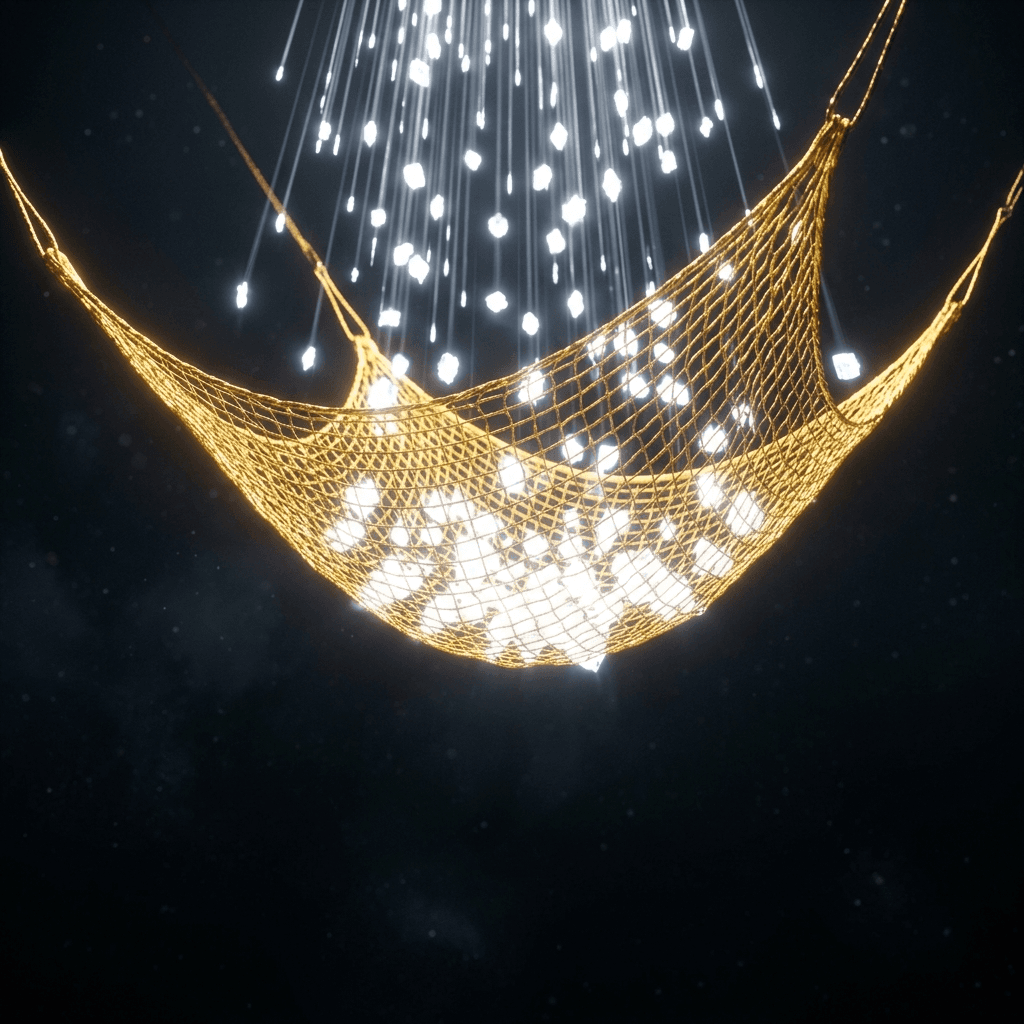 Abstract 3D render of a flawless flexible golden safety net softly catching brilliantly glowing white data packets before they fall.