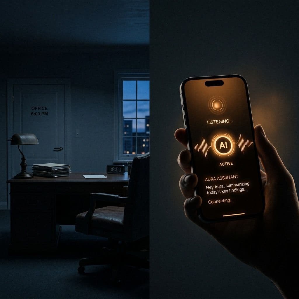 Split comparison: empty dark office at 6PM on the left vs glowing AI voice interface active on a phone on the right — showing the coverage gap between a part-time receptionist and voice AI