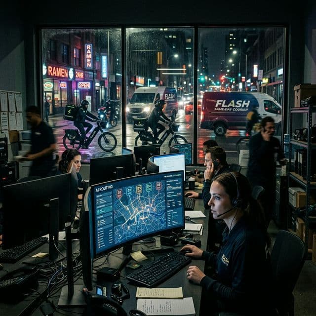A busy urban courier dispatch hub with bikes and vans visible, while a screen in the foreground shows an AI system auto-routing delivery requests into an optimized map.