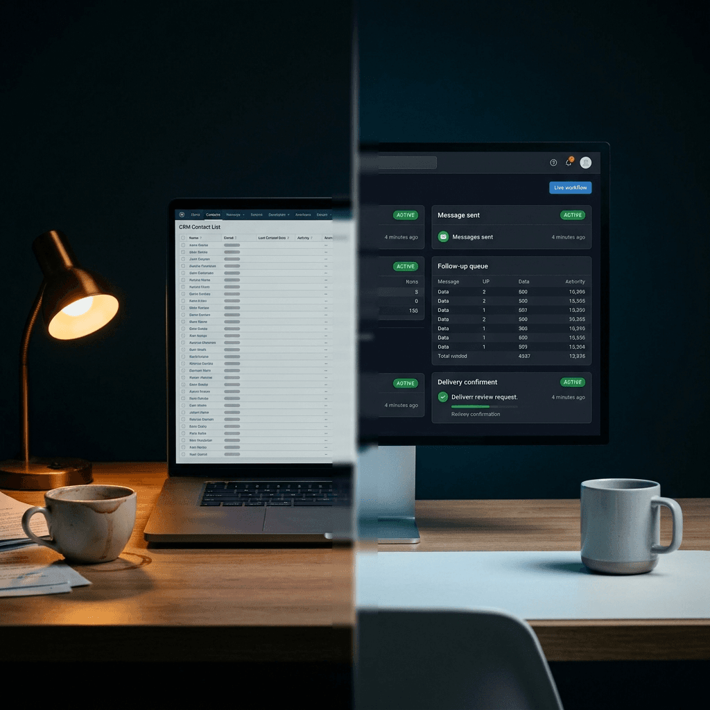 Split-screen editorial photo — left side shows a dormant CRM contact list on a warm amber-lit laptop, right side shows an active AI Business OS dashboard with live sequences running on a clean monitor, illustrating the difference between a memory layer and an execution layer