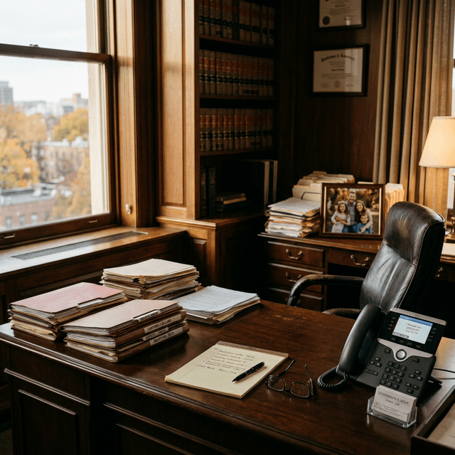 An empty family law attorney office desk with stacks of legal files, a family photo on the credenza, and a phone showing a missed call notification