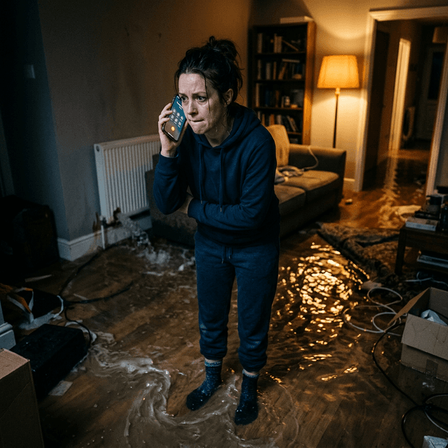 A homeowner stands in ankle-deep water in a flooded living room, holding their phone to their ear with an expression of desperate urgency, warm lamp light reflecting off the floodwater
