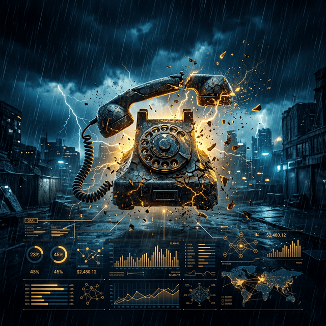 Vintage telephone cracking apart with gold lightning and revenue analytics overlay during a storm, representing water damage emergency dispatch failures