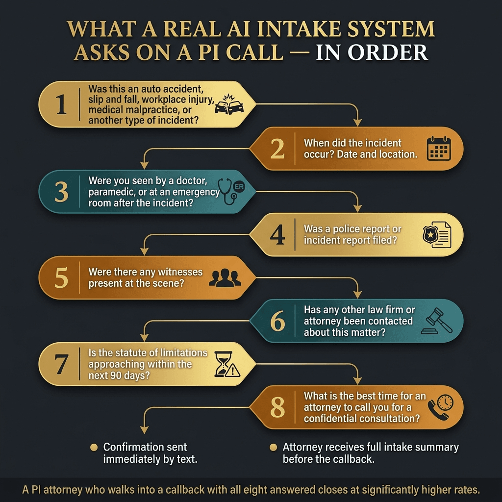 Premium dark PI intake qualification flow showing eight qualification steps for personal injury cases