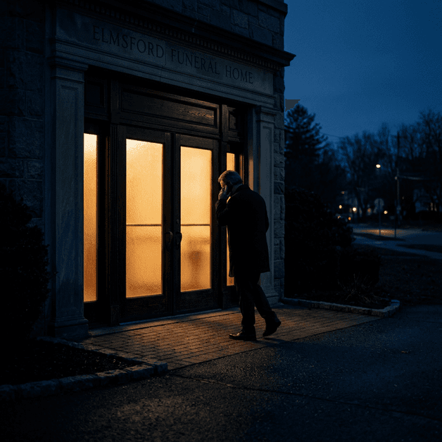 Grieving person in silhouette on phone outside an illuminated funeral home at dusk representing families lost due to unanswered first calls