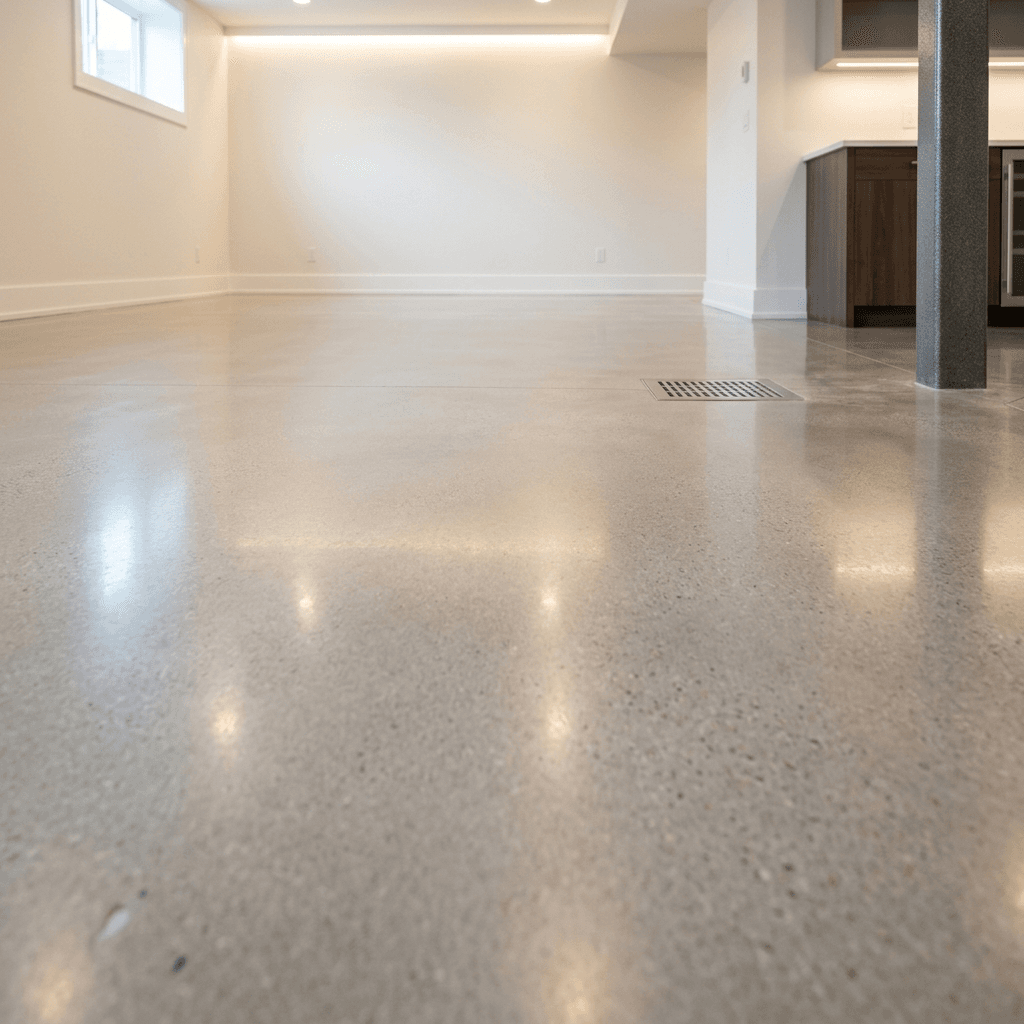 Cinematic close-up of a perfectly dry, clean, and brightly lit premium sealed concrete basement representing secured jobs.