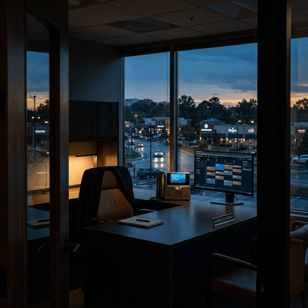 Modern US business office at dusk — glowing phone and calendar screen, empty chair, AI answering calls while the owner is away