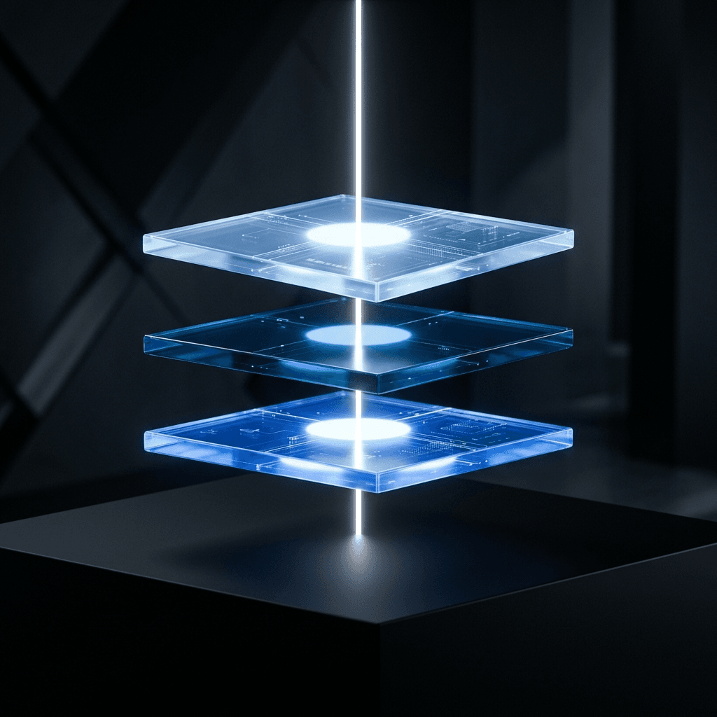 Abstract 3D render of three distinct, perfectly aligned luminous floating glass plates hovering over a matte black surface, with pure white light cleanly passing through them.