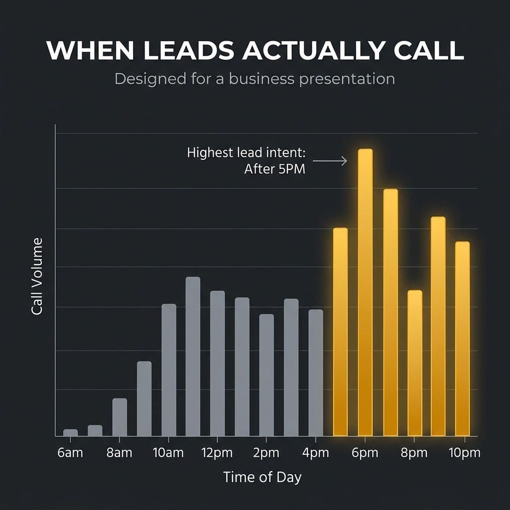Bar chart: when service business leads actually call — showing peak call volume after 5PM highlighted in amber vs grey business-hours bars