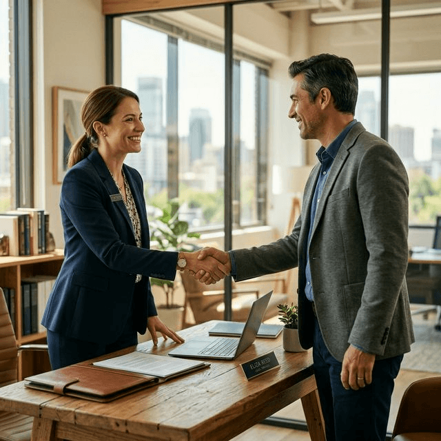Natural: Professional handshake in a modern office representing the high close rate of instant response