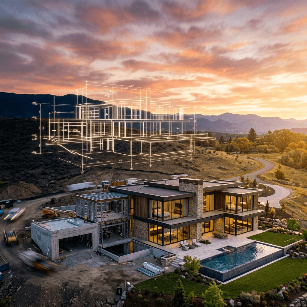 Cinematic time-lapse representation of a luxurious modern custom home evolving from glowing, ghostly architectural blueprints into premium physical structure.