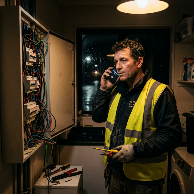 A licensed electrician in a yellow safety vest takes an emergency call while standing at an open electrical panel, tools in hand, dark night visible through the window behind them
