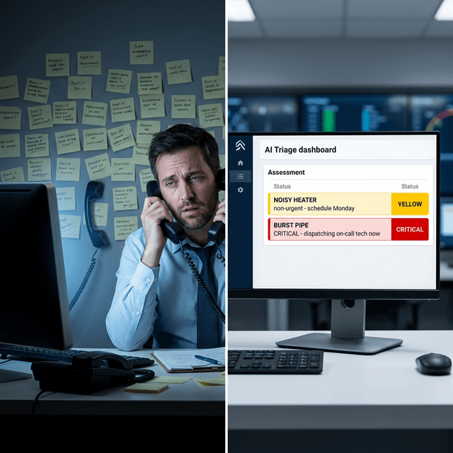 Split scene: A bleary-eyed property manager overwhelmed by 3 AM tenant emergency calls vs. a clean AI triage dashboard showing color-coded severity assessments - yellow for noisy heater, red critical for burst boiler.