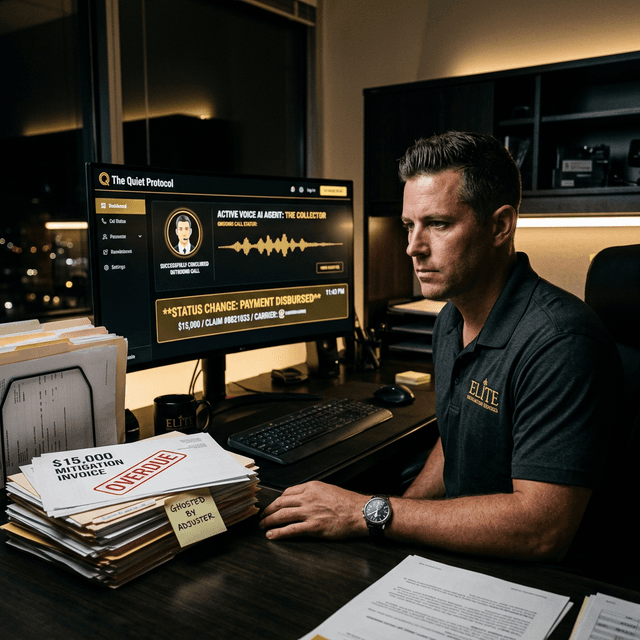 A restoration shop owner checking a gold Quiet Protocol dashboard showing a Voice AI agent successfully securing a payment disbursement on a $15,000 overdue water damage invoice.