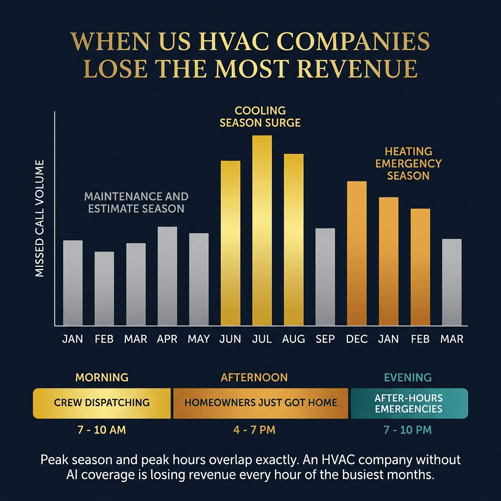 Premium dark US HVAC market infographic showing 43 percent of service inquiries not returning to call back after 3 hours