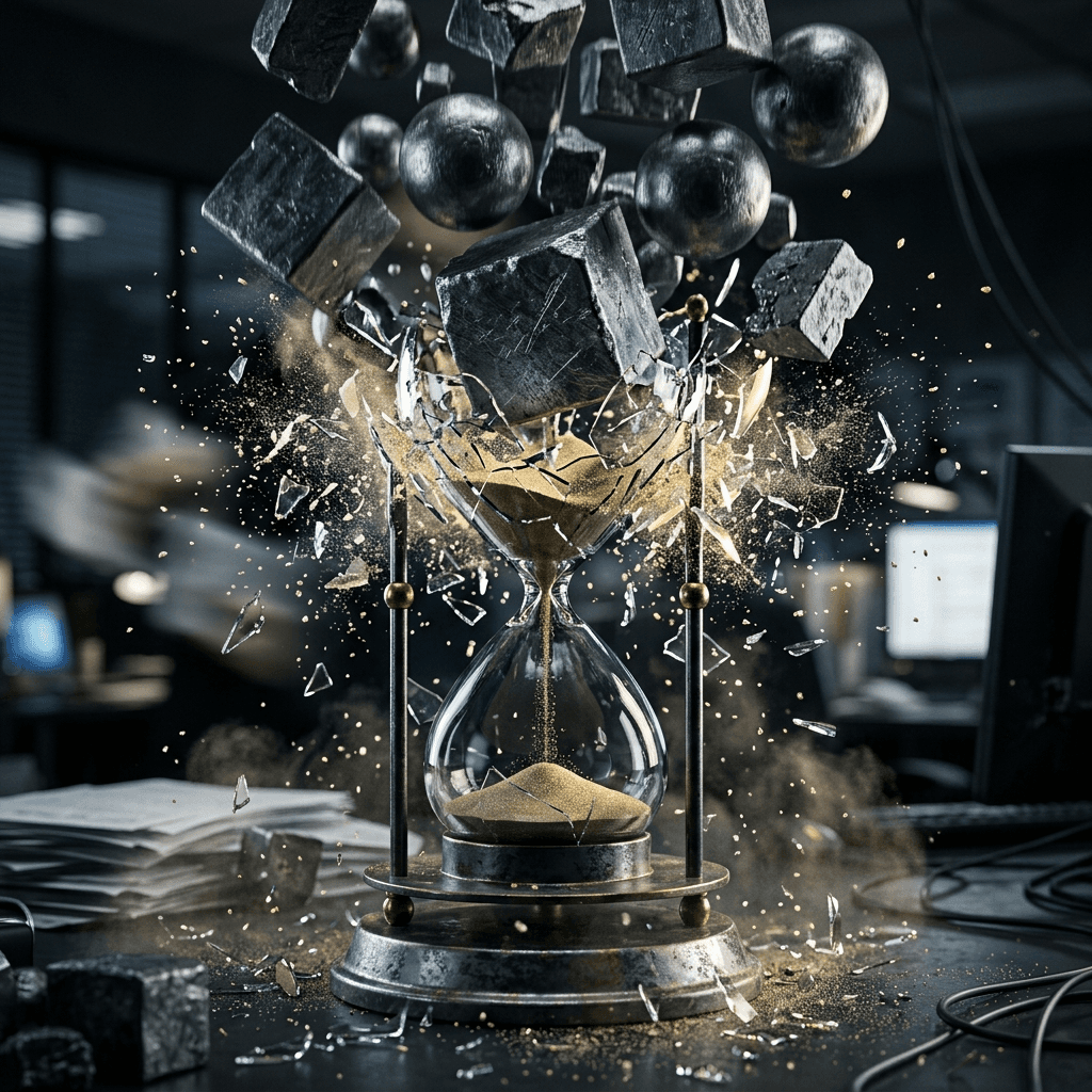 Abstract 3D render of a glass hourglass violently shattering under heavy falling lead weights representing the crushing pressure of call volumes.