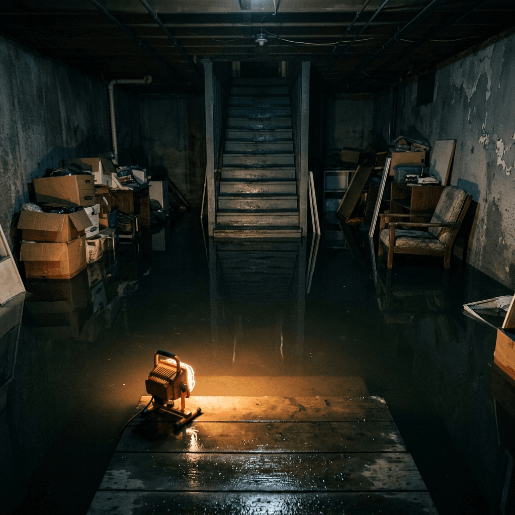 Flooded residential basement at night, dark water covering the concrete floor reflecting the glow of a single orange work light on the stair step, water-damaged boxes pushed to sides, eerily still atmosphere