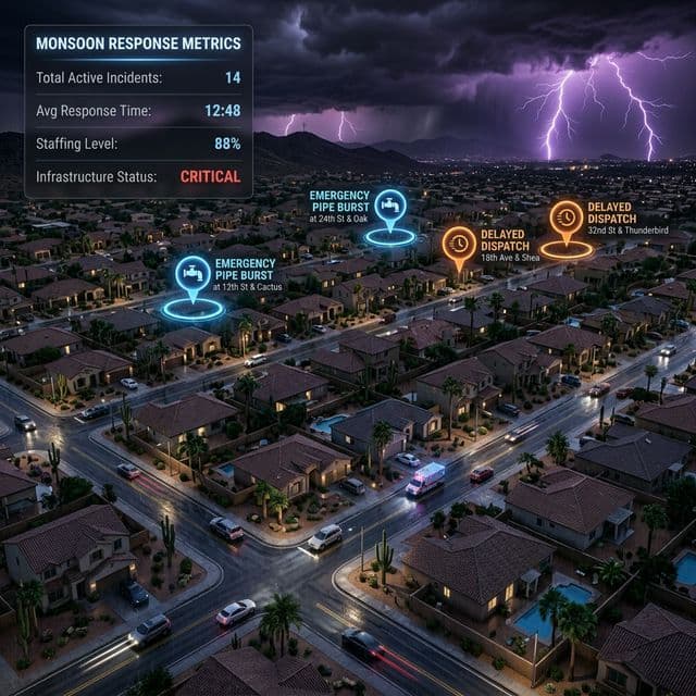 Monsoon Response Metrics: Visualizing the surge in emergency plumbing dispatch during Phoenix storms.