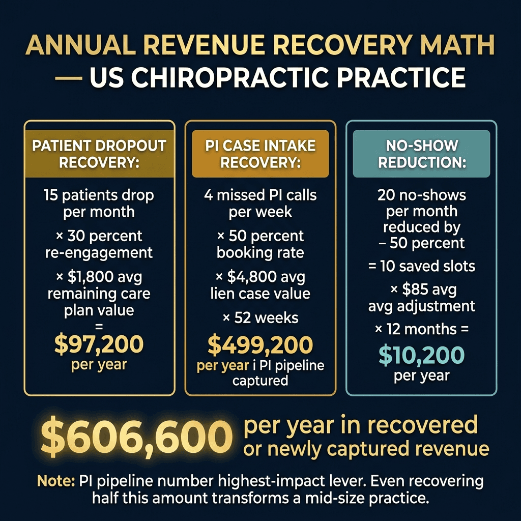 Premium dark US chiropractic revenue recovery math showing scenarios for new patient retention and PI case capture