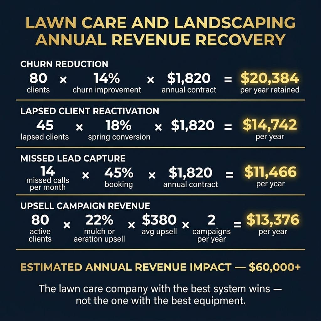 Lawn Care Annual Revenue Recovery: Churn Reduction $20,384/year, Lapsed Client Reactivation $14,742/year, Missed Lead Capture $11,466/year, Upsell Campaign Revenue $13,376/year. ESTIMATED ANNUAL REVENUE IMPACT — $60,000+.