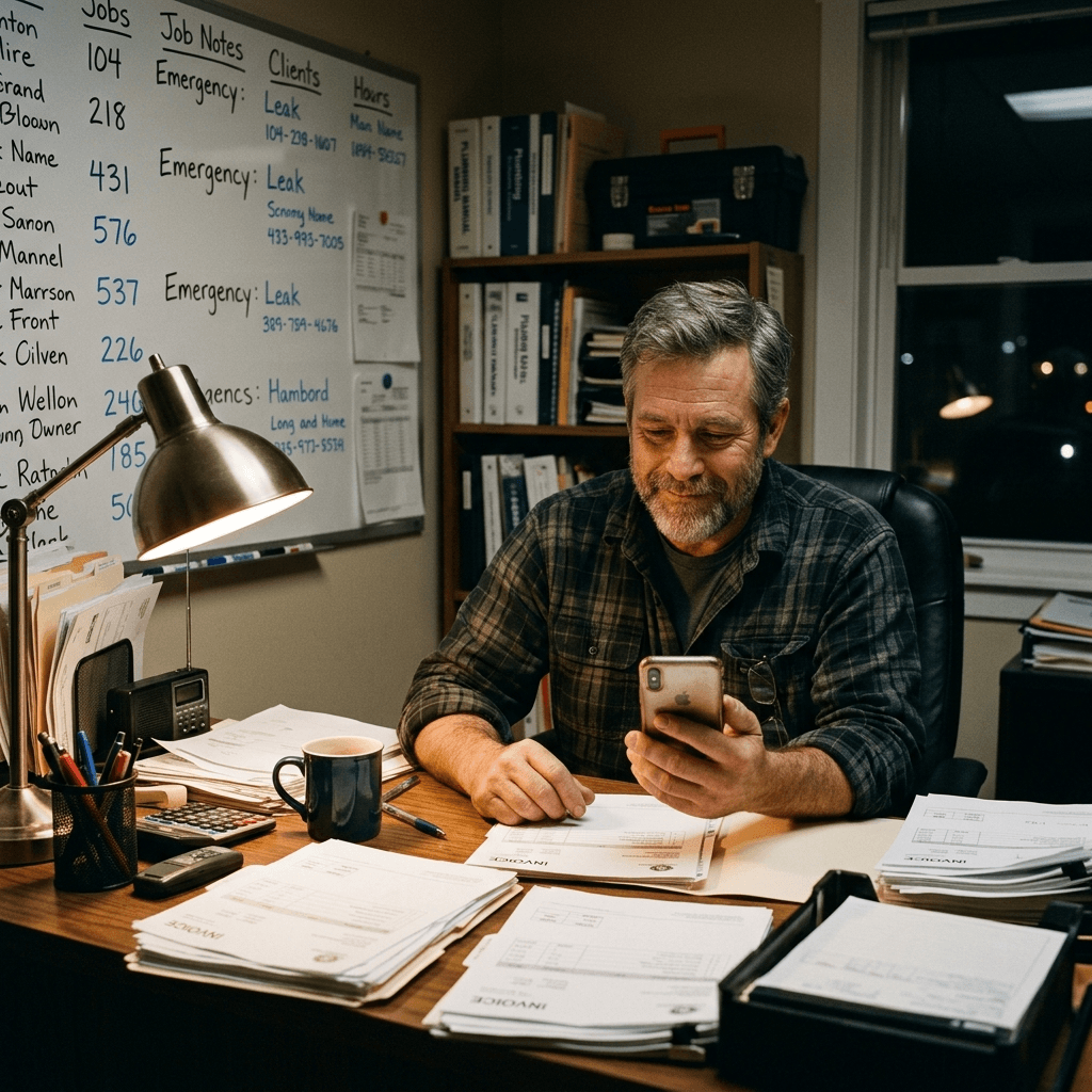 Plumbing business owner in his late 40s at a cluttered office desk late evening, holding a mobile phone with a cautiously optimistic expression, invoices and work orders surrounding him, whiteboard with job numbers behind, desk lamp warmly lighting the scene